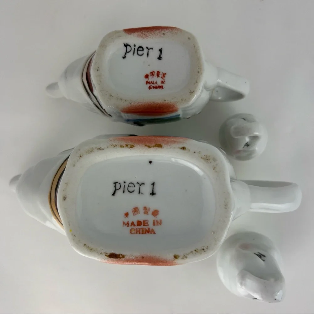 Vintage Pier 1 Set Of 2 Elephant Teapot & Creamer W/ Lids Porcelain Painted